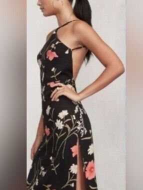 Reformation Black Floral Backless Halter Maxi Dress with Pink & Cream Blooms